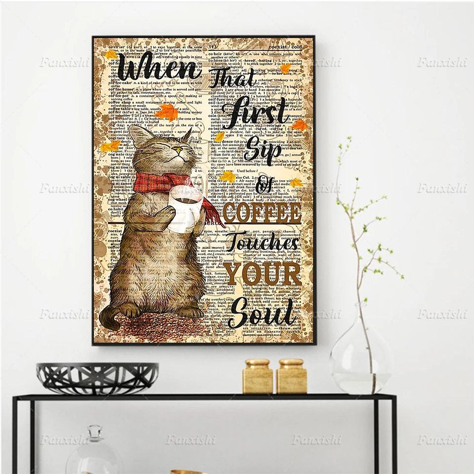 Mačka, Ko Da je Prvi Požirek Kave Dotakne Vaše Duše Retro Plakatov in Fotografij Wall Art Slikarsko Platno Modularni Sliko Dom Dekor0
