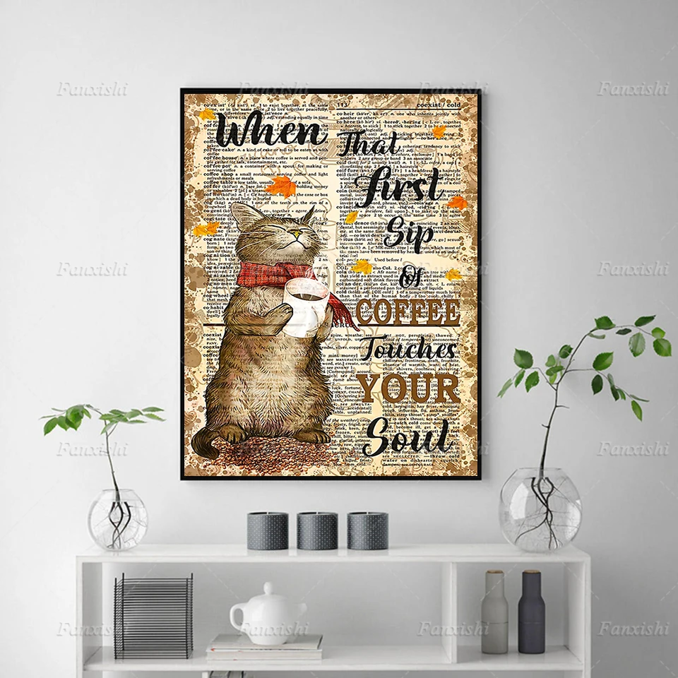 Mačka, Ko Da je Prvi Požirek Kave Dotakne Vaše Duše Retro Plakatov in Fotografij Wall Art Slikarsko Platno Modularni Sliko Dom Dekor1