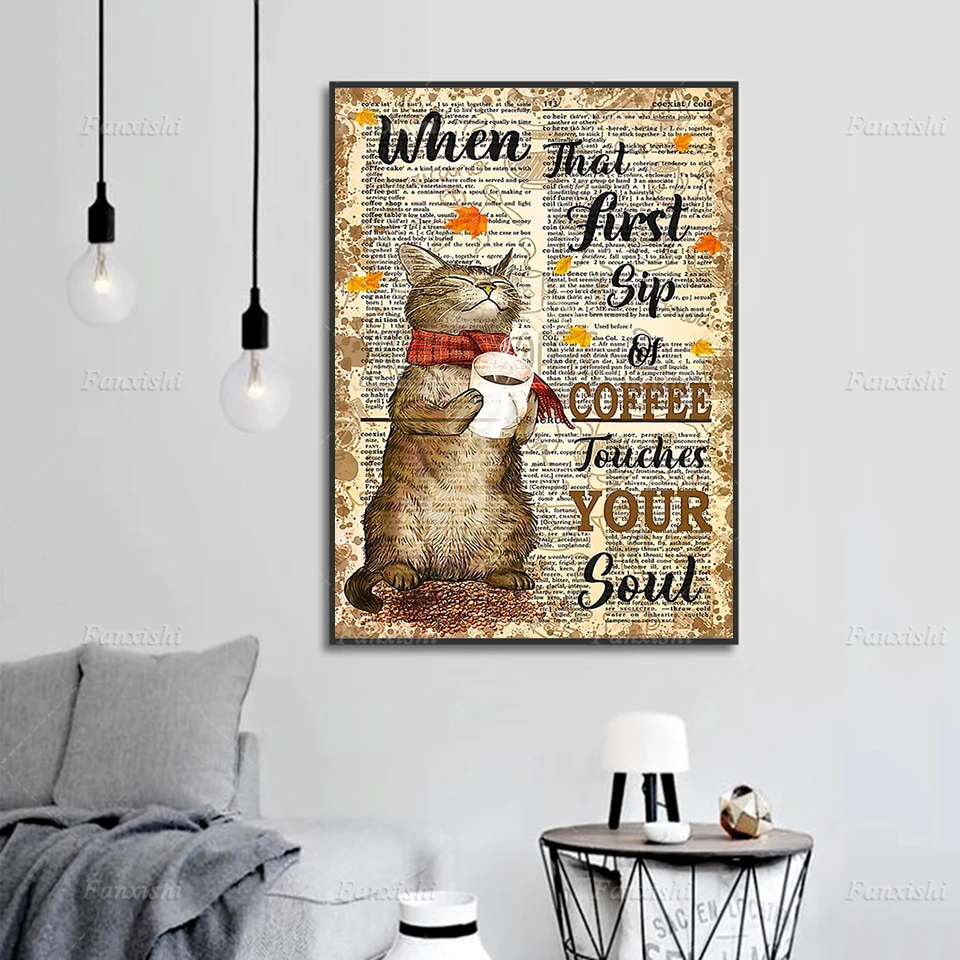 Mačka, Ko Da je Prvi Požirek Kave Dotakne Vaše Duše Retro Plakatov in Fotografij Wall Art Slikarsko Platno Modularni Sliko Dom Dekor2