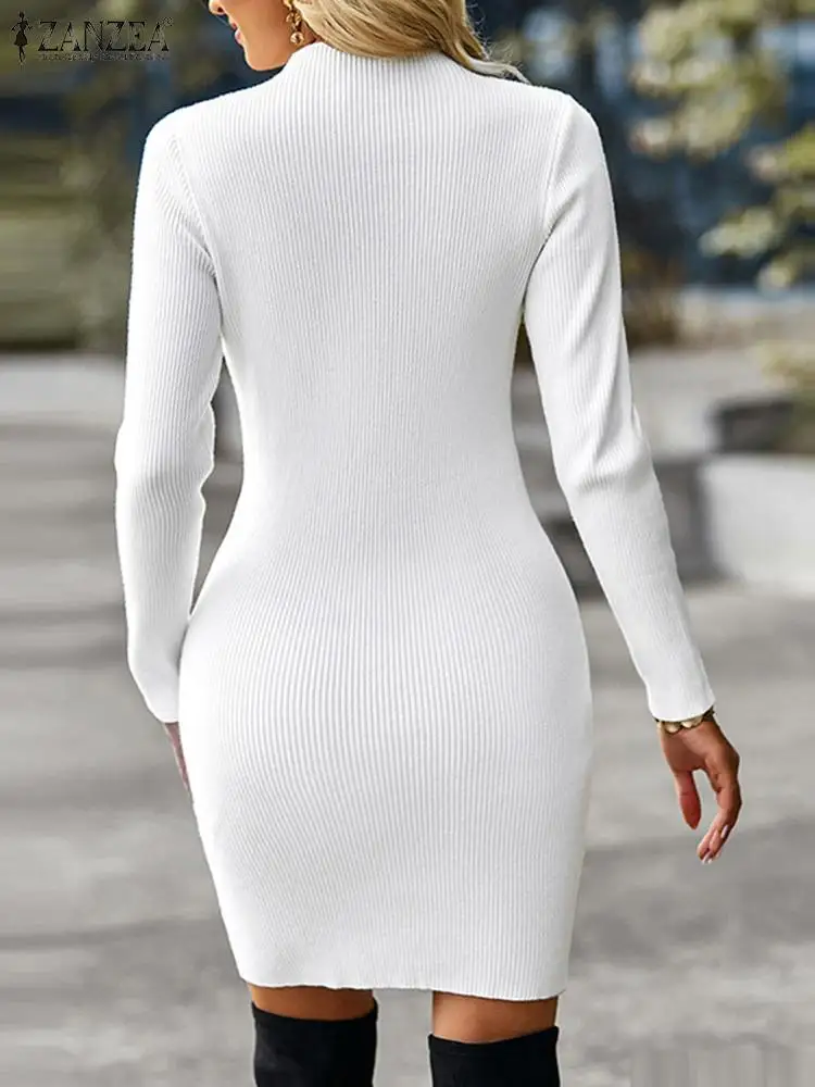 ZANZEA 2023 Pozimi Slim Belušno Pletenje Obleka Ženske Seksi Votlih Iz Mini Obleke, Elegantne Zavit Hip Krog Vratu Vestidos Robe3