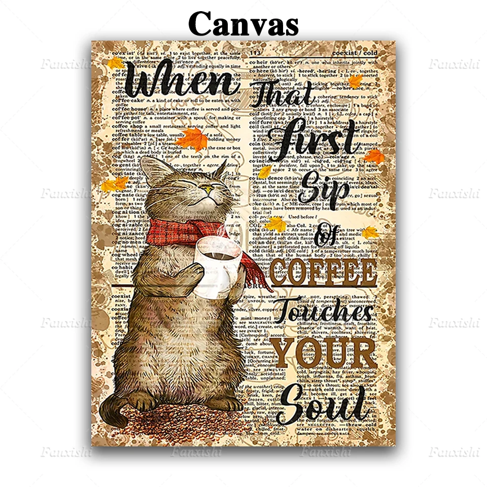 Mačka, Ko Da je Prvi Požirek Kave Dotakne Vaše Duše Retro Plakatov in Fotografij Wall Art Slikarsko Platno Modularni Sliko Dom Dekor3