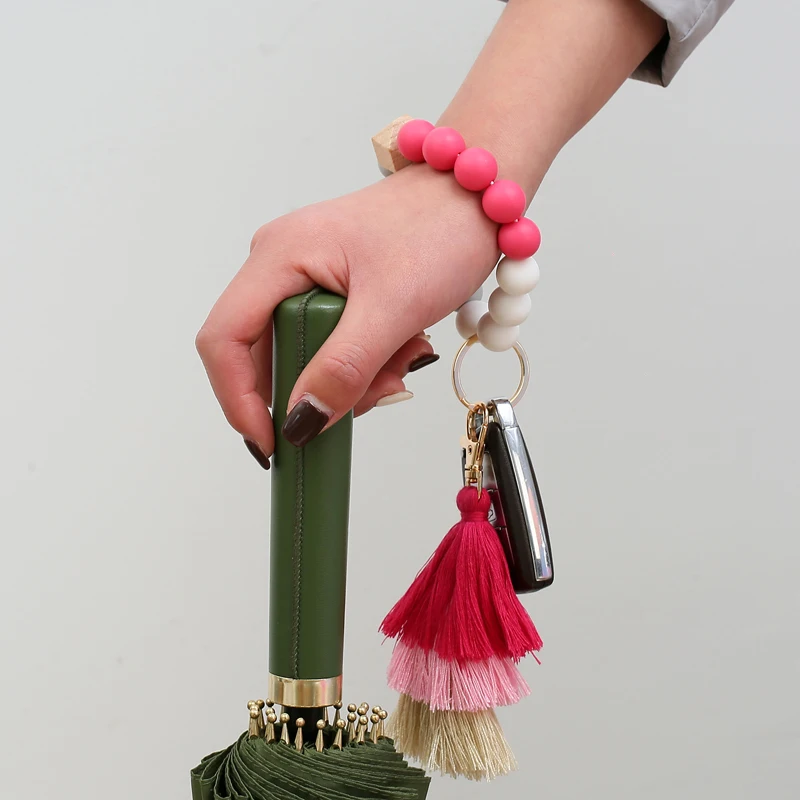 Barvita Silikonske Kroglice Keychain za Ženske Večplastne Pisane Tassel Zapestnica Keychain Lesa Kroglice Keyring Nakit Darila4