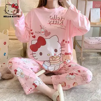 Pozdravljeni Kittys Pižamo Ženski Sanrios Anime Pomlad/jesen Dolg Rokav Kawaii Risanka Sladko korejska Različica Študent Trenirka Komplet