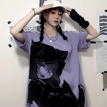 Anime Tiskanja Ženske Harajuku T Shirt Srčkan Tshirt za Dekle Grafični Vijolično Tee Vrhovi Poletje korejskem Slogu Ulzzang 90. letih Kawaii Oblačila