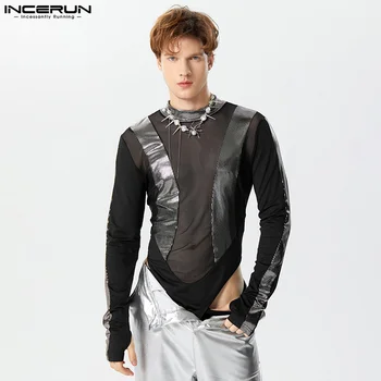 INCERUN Seksi Moške igralne obleke Flash Razrezana Očesa vidi skozi Jumpsuits Pol Visoko Vratu Thimble Trikotnik Dolg Rokav Bodysuits S-3XL