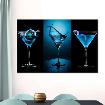 Moderno Modro Cocktail Pijače Platno Stensko Slikarstvo Umetnost Modri Kozarec Vina Plakatov in Fotografij za Bar jedilnico Dekoracijo Sten