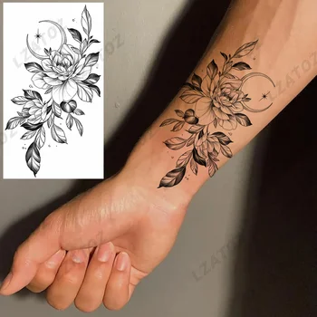 Black Moon Peony Cvet Začasne Tetovaže Za Žensko Odraslih Vrtnico, Tulipan Ponaredek Tattoo Nalepke Vodo Prenos Strani Nepremočljiva Tatoos